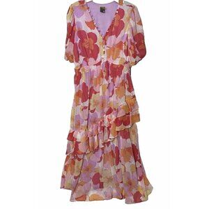 Taylor Woman 16 Chiffon Line Pink Orange Floral Tier Ruffle Puff S/S Maxi Dress
